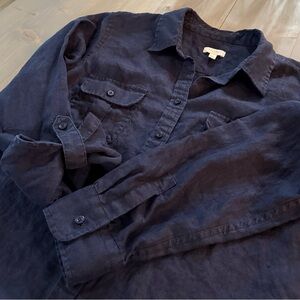 Talbots Navy Linen Button Down Shirt Size S